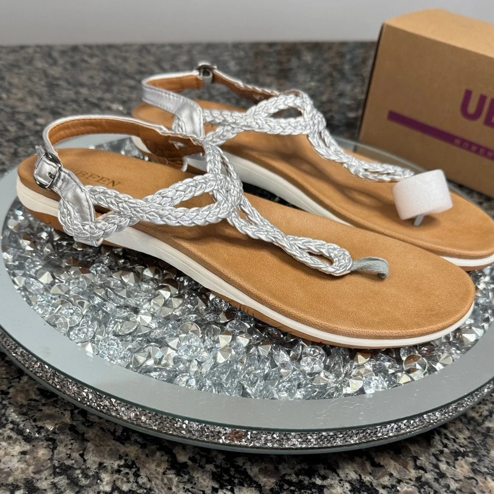 UBFEN metallic silver and Tan Braided Sandals NEW 10